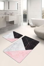 - PaspasTakimi-2li-Set1482-Gorsel-2 - Realhomes 2'li Set Pembe - Siyah Zeminde Mermer Motifli Geometrik Desenli Geometrik Sade & Şık 2'li Banyo & Mutfak Paspas Takımı Realhomes