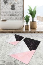 - PaspasTakimi-2li-Set1482-Gorsel-4 - Realhomes 2'li Set Pembe - Siyah Zeminde Mermer Motifli Geometrik Desenli Geometrik Sade & Şık 2'li Banyo & Mutfak Paspas Takımı Realhomes