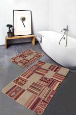 2'li Set Krem - Kahverengi Zeminde Patchwork Motifli Etnik Desenli Etnik Motifler Vintage  2'li Banyo & Mutfak Paspas Takımı Realhomes