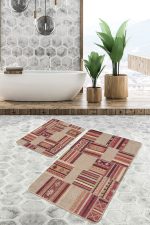 2'li Set Krem - Kahverengi Zeminde Patchwork Motifli Etnik Desenli Etnik Motifler Vintage  2'li Banyo & Mutfak Paspas Takımı Realhomes