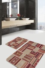 2'li Set Krem - Kahverengi Zeminde Patchwork Motifli Etnik Desenli Etnik Motifler Vintage  2'li Banyo & Mutfak Paspas Takımı Realhomes