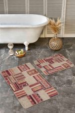 2'li Set Krem - Kahverengi Zeminde Patchwork Motifli Etnik Desenli Etnik Motifler Vintage  2'li Banyo & Mutfak Paspas Takımı Realhomes