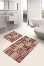 2'li Set Krem - Kahverengi Zeminde Patchwork Motifli Etnik Desenli Etnik Motifler Vintage  2'li Banyo & Mutfak Paspas Takımı Realhomes