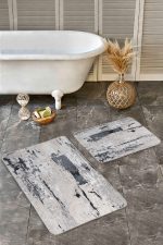 2'li Set Bej - Siyah Zeminde Eskitme Motifli Duvar Desenli Eskitme Motifli Vintage  2'li Banyo & Mutfak Paspas Takımı Realhomes