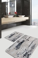 2'li Set Bej - Siyah Zeminde Eskitme Motifli Duvar Desenli Eskitme Motifli Vintage  2'li Banyo & Mutfak Paspas Takımı Realhomes