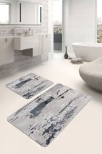 2'li Set Bej - Siyah Zeminde Eskitme Motifli Duvar Desenli Eskitme Motifli Vintage  2'li Banyo & Mutfak Paspas Takımı Realhomes