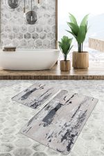 2'li Set Bej - Siyah Zeminde Eskitme Motifli Duvar Desenli Eskitme Motifli Vintage  2'li Banyo & Mutfak Paspas Takımı Realhomes