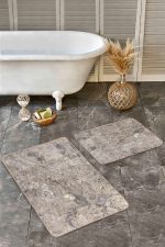 - Realhomes - Realhomes  2'li Set Bej - Gri Zeminde Eskitme Motifli Antika Desenli Vintage Eskitme Motifli  2'li Banyo & Mutfak Paspas Takımı Realhomes