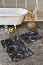 - Realhomes - Realhomes 2'li Set Siyah Zeminde Mermer Motifli Eskitme Desenli Sade & Şık Klasik 2'li Banyo & Mutfak Paspas Takımı Realhomes