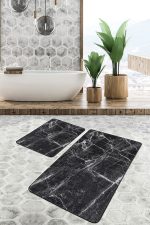 - PaspasTakimi-2li-Set1487-Gorsel-4 - Realhomes 2'li Set Siyah Zeminde Mermer Motifli Eskitme Desenli Sade & Şık Klasik 2'li Banyo & Mutfak Paspas Takımı Realhomes