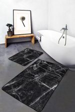 - PaspasTakimi-2li-Set1487-Gorsel-5 - Realhomes 2'li Set Siyah Zeminde Mermer Motifli Eskitme Desenli Sade & Şık Klasik 2'li Banyo & Mutfak Paspas Takımı Realhomes