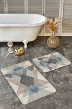 - Realhomes - Realhomes 2'li Set Ekru - Kahverengi Zeminde Geometrik Motifli Üçgen Desenli Geometrik Sade & Şık 2'li Banyo & Mutfak Paspas Takımı Realhomes