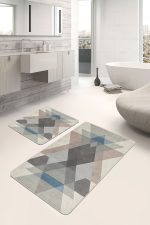 - PaspasTakimi-2li-Set1490-Gorsel-2 - Realhomes 2'li Set Ekru - Kahverengi Zeminde Geometrik Motifli Üçgen Desenli Geometrik Sade & Şık 2'li Banyo & Mutfak Paspas Takımı Realhomes