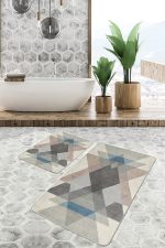 - PaspasTakimi-2li-Set1490-Gorsel-4 - Realhomes 2'li Set Ekru - Kahverengi Zeminde Geometrik Motifli Üçgen Desenli Geometrik Sade & Şık 2'li Banyo & Mutfak Paspas Takımı Realhomes