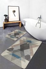 - PaspasTakimi-2li-Set1490-Gorsel-5 - Realhomes 2'li Set Ekru - Kahverengi Zeminde Geometrik Motifli Üçgen Desenli Geometrik Sade & Şık 2'li Banyo & Mutfak Paspas Takımı Realhomes