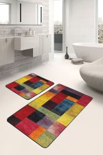 - PaspasTakimi-2li-Set1491-Gorsel-1 - Realhomes  2'li Set Kırmızı - Siyah Zeminde Kanvas Motifli Yağlıboya Desenli Modern Klasik  2'li Banyo & Mutfak Paspas Takımı Realhomes