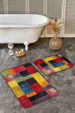 - Realhomes - Realhomes  2'li Set Kırmızı - Siyah Zeminde Kanvas Motifli Yağlıboya Desenli Modern Klasik  2'li Banyo & Mutfak Paspas Takımı Realhomes