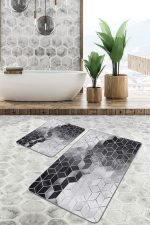 - PaspasTakimi-2li-Set1492-Gorsel - Realhomes  2'li Set Siyah - Gri Zeminde Mozaik Motifli Mermer Desenli Geometrik Klasik  2'li Banyo & Mutfak Paspas Takımı Realhomes