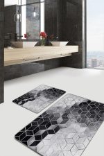 - PaspasTakimi-2li-Set1492-Gorsel-2 - Realhomes  2'li Set Siyah - Gri Zeminde Mozaik Motifli Mermer Desenli Geometrik Klasik  2'li Banyo & Mutfak Paspas Takımı Realhomes