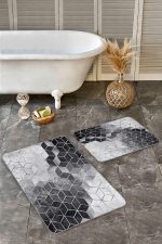 - Realhomes - Realhomes  2'li Set Siyah - Gri Zeminde Mozaik Motifli Mermer Desenli Geometrik Klasik  2'li Banyo & Mutfak Paspas Takımı Realhomes