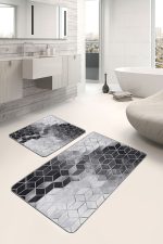 - PaspasTakimi-2li-Set1492-Gorsel-5 - Realhomes  2'li Set Siyah - Gri Zeminde Mozaik Motifli Mermer Desenli Geometrik Klasik  2'li Banyo & Mutfak Paspas Takımı Realhomes