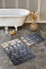 - Realhomes - Realhomes  2'li Set Siyah - Krem Zeminde Mozaik Motifli Halı Desenli Geometrik Sade & Şık  2'li Banyo & Mutfak Paspas Takımı Realhomes