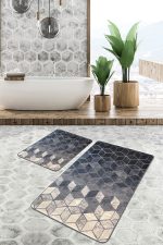 - PaspasTakimi-2li-Set1493-Gorsel-2 - Realhomes  2'li Set Siyah - Krem Zeminde Mozaik Motifli Halı Desenli Geometrik Sade & Şık  2'li Banyo & Mutfak Paspas Takımı Realhomes