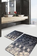 - PaspasTakimi-2li-Set1493-Gorsel-5 - Realhomes  2'li Set Siyah - Krem Zeminde Mozaik Motifli Halı Desenli Geometrik Sade & Şık  2'li Banyo & Mutfak Paspas Takımı Realhomes