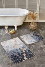 - Realhomes - Realhomes  2'li Set Gri - Mavi Zeminde Mozaik Motifli Geometrik Desenli Geometrik Klasik  2'li Banyo & Mutfak Paspas Takımı Realhomes