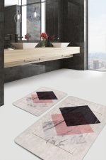 - PaspasTakimi-2li-Set1495-Gorsel-2 - Realhomes  2'li Set Pembe - Ekru Zeminde Geometrik Motifli Mermer Desenli Sade & Şık Geometrik  2'li Banyo & Mutfak Paspas Takımı Realhomes