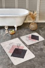 - Realhomes - Realhomes  2'li Set Pembe - Ekru Zeminde Geometrik Motifli Mermer Desenli Sade & Şık Geometrik  2'li Banyo & Mutfak Paspas Takımı Realhomes