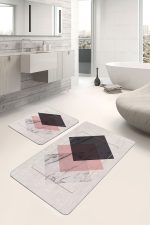 - PaspasTakimi-2li-Set1495-Gorsel-5 - Realhomes  2'li Set Pembe - Ekru Zeminde Geometrik Motifli Mermer Desenli Sade & Şık Geometrik  2'li Banyo & Mutfak Paspas Takımı Realhomes