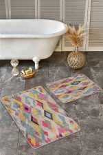 - Realhomes - Realhomes  2'li Set Krem Zeminde El Dokuma Motifli Baklava Desenli Geometrik Vintage  2'li Banyo & Mutfak Paspas Takımı Realhomes