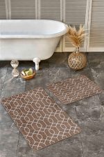 - Realhomes - Realhomes 2'li Set Kahverengi - Beyaz Zeminde Geometrik Motifli Etnik Desenli Geometrik Vintage 2'li Banyo & Mutfak Paspas Takımı Realhomes