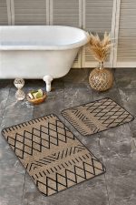 - Realhomes - Realhomes  2'li Set Siyah - Kahverengi Zeminde Hasır Motifli Etnik Desenli Geometrik Etnik Motifler  2'li Banyo & Mutfak Paspas Takımı Realhomes