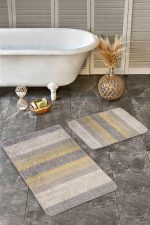 - Realhomes - Realhomes 2'li Set Sarı - Krem Zeminde Örme Motifli Geleneksel Desenli Vintage Sade & Şık 2'li Banyo & Mutfak Paspas Takımı Realhomes