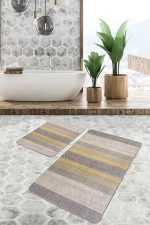 - PaspasTakimi-2li-Set1503-Gorsel-4 - Realhomes 2'li Set Sarı - Krem Zeminde Örme Motifli Geleneksel Desenli Vintage Sade & Şık 2'li Banyo & Mutfak Paspas Takımı Realhomes