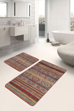 2'li Set Kırmızı - Kahverengi Zeminde Geleneksel Motifli Kilim Desenli Vintage Etnik Motifler  2'li Banyo & Mutfak Paspas Takımı Realhomes