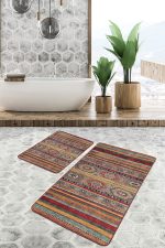 2'li Set Kırmızı - Kahverengi Zeminde Geleneksel Motifli Kilim Desenli Vintage Etnik Motifler  2'li Banyo & Mutfak Paspas Takımı Realhomes