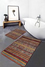 2'li Set Kırmızı - Kahverengi Zeminde Geleneksel Motifli Kilim Desenli Vintage Etnik Motifler  2'li Banyo & Mutfak Paspas Takımı Realhomes