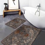 2'li Set Krem - Kahverengi Zeminde Yöresel Motifli Geometrik Desenli Etnik Motifler Vintage  2'li Banyo & Mutfak Paspas Takımı Realhomes