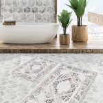 2'li Set Gri Zeminde Çerçeveli Motifli Antik Desenli Geometrik Eskitme Motifli  2'li Banyo & Mutfak Paspas Takımı Realhomes