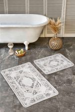 2'li Set Krem - Siyah Zeminde Göbekli Halı Motifli Otantik Desenli Avangarde Vintage  2'li Banyo & Mutfak Paspas Takımı Realhomes