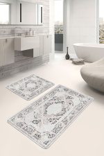 2'li Set Krem - Siyah Zeminde Göbekli Halı Motifli Otantik Desenli Avangarde Vintage  2'li Banyo & Mutfak Paspas Takımı Realhomes