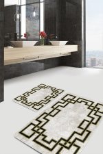 - PaspasTakimi-2li-Set1509-Gorsel-1 - Realhomes  2'li Set Gold - Krem Zeminde Çerçeveli Motifli Eskitme Desenli Geometrik Klasik  2'li Banyo & Mutfak Paspas Takımı Realhomes