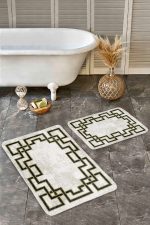 - Realhomes - Realhomes  2'li Set Gold - Krem Zeminde Çerçeveli Motifli Eskitme Desenli Geometrik Klasik  2'li Banyo & Mutfak Paspas Takımı Realhomes