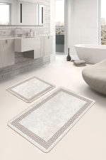 - PaspasTakimi-2li-Set1510-Gorsel-2 - Realhomes 2'li Set Krem - Kahverengi Zeminde Çerçeveli Motifli Antika Desenli Geometrik Eskitme Motifli 2'li Banyo & Mutfak Paspas Takımı Realhomes