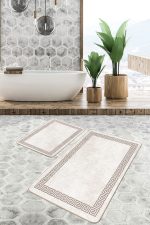 - PaspasTakimi-2li-Set1510-Gorsel-4 - Realhomes 2'li Set Krem - Kahverengi Zeminde Çerçeveli Motifli Antika Desenli Geometrik Eskitme Motifli 2'li Banyo & Mutfak Paspas Takımı Realhomes