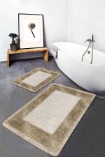 - PaspasTakimi-2li-Set1512-Gorsel-1 - Realhomes  2'li Set Krem - Gold Zeminde Çerçeveli Motifli Altın Desenli Avangarde Geometrik  2'li Banyo & Mutfak Paspas Takımı Realhomes