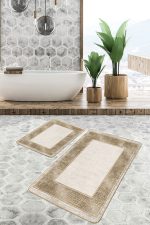 - PaspasTakimi-2li-Set1512-Gorsel - Realhomes  2'li Set Krem - Gold Zeminde Çerçeveli Motifli Altın Desenli Avangarde Geometrik  2'li Banyo & Mutfak Paspas Takımı Realhomes